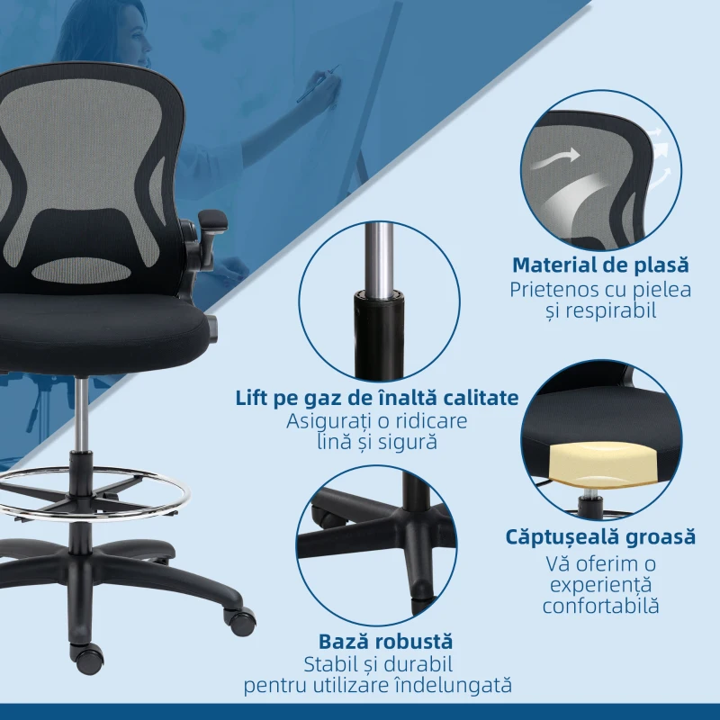 Vinsetto Scaun de Birou Ergonomic, Scaun Rotativ din Plasă, Reglabil pe Înălțime cu Suport pentru Picioare și Cotiere Rabatabile, Capacitate 120kg, Negru