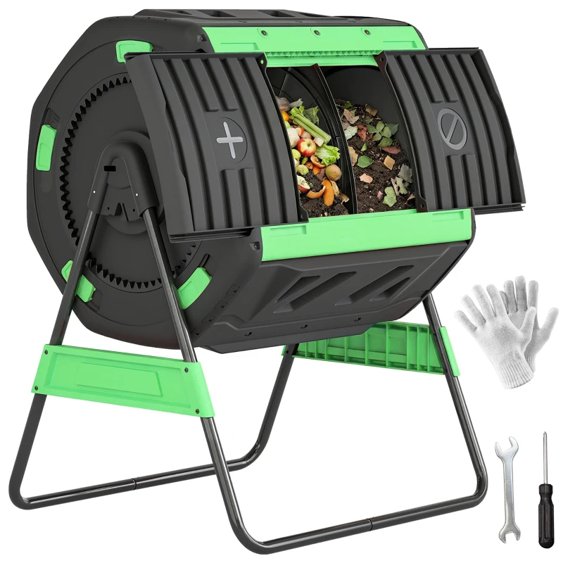 Outsunny Compostador Giratorio 200L con Sistema de Ventilación y Base de Metal para Compostaje de Residuos Orgánicos Verde