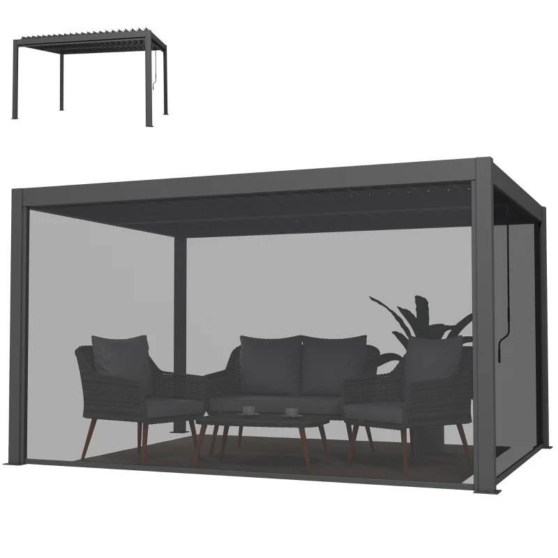 Outsunny Bioklimatische Pergola 4x3m, Aluminiumpergola mit verstellbaren Lamellen, Kurbel, seitliche Windschutzrollos, dunkelgrau