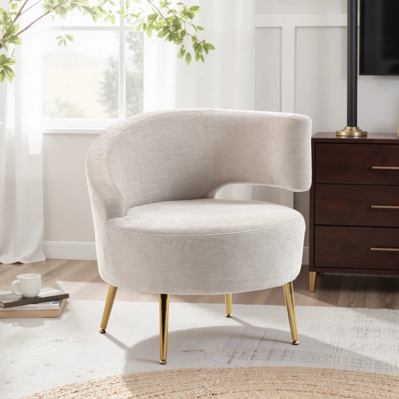 HOMCOM Scaun Modern pentru Living cu Spătar Arcuit și Arcuri Individuale, Tapițat din Chenille, Spumă, Lemn și Oțel, 69x65x67 cm, Crem și Auriu