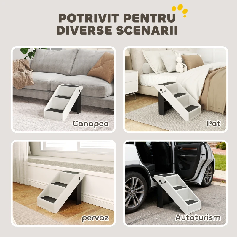 PawHut Scară pentru Câini și Pisici cu 3 Trepte Antiderapante, Design Pliabil cu Capacitate de 10 kg, Crem