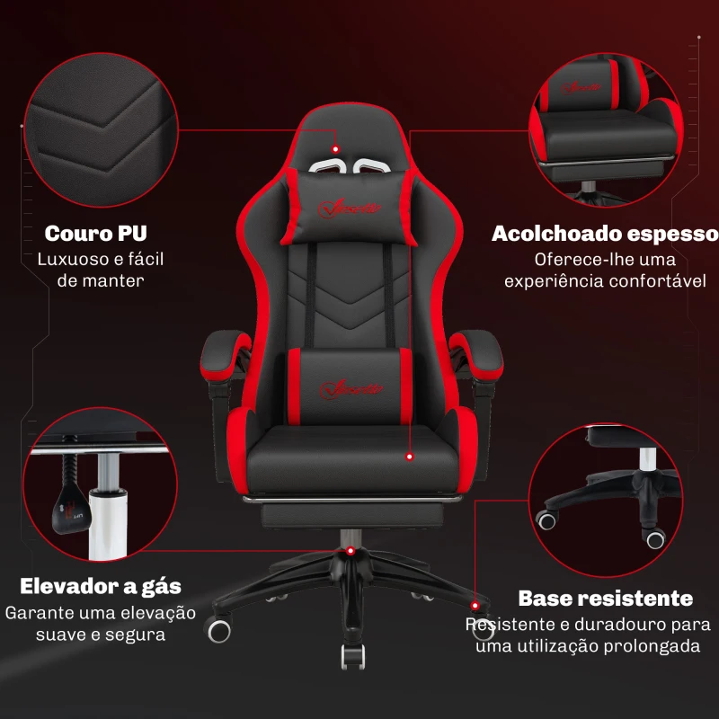 Vinsetto Cadeira Gaming Ergonómica Reclinável 135° de Couro PU com Suporte Lombar Altura Ajustável 65x65x129 cm Preto e Vermelho