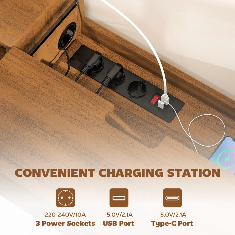 HOMCOM Suport TV suspendat până la 50" cu prize de curent, USB și tip C, sertar și rafturi, 120x24x22.4 cm, Nuc