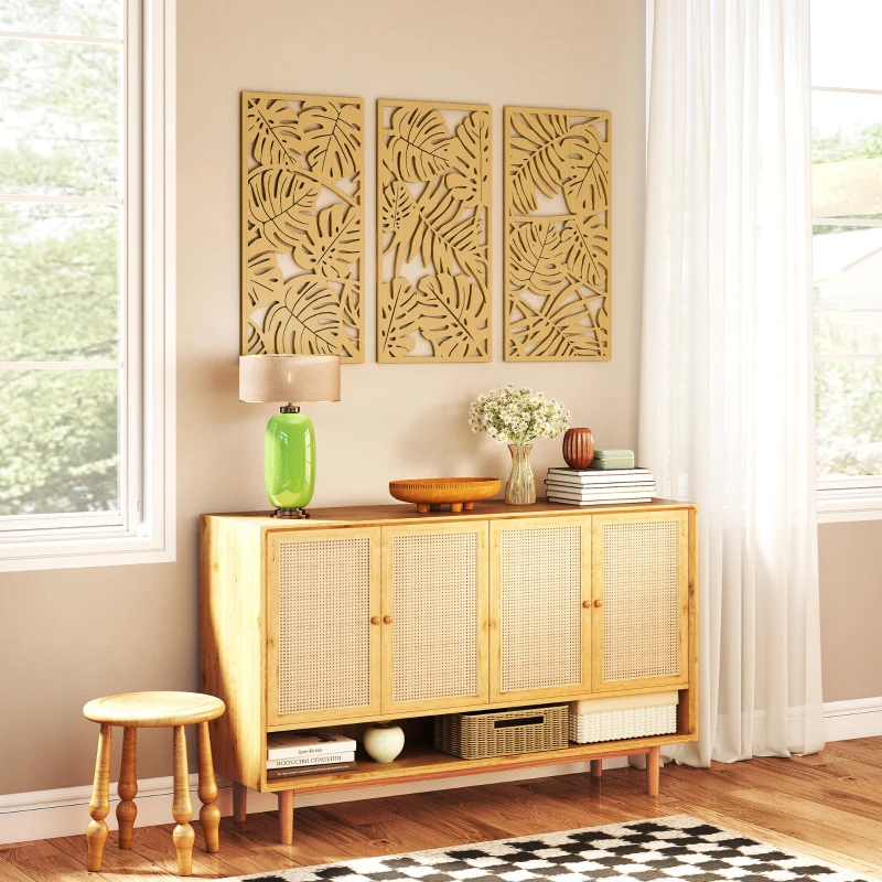 HOMCOM Ensemble de 3 Décorations Murales en Bois 3D, 40 x 80 cm, Feuilles Tropicales, Effet Bois Naturel