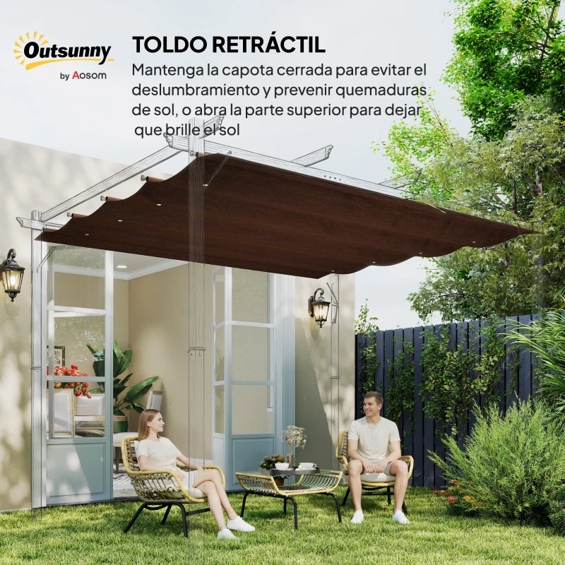 Outsunny Techo de Repuesto Retráctil 3x2,5 m para Marco de 3x2 m Toldo de Tela Solo para Cenador Jardín con 8 Orificios Café