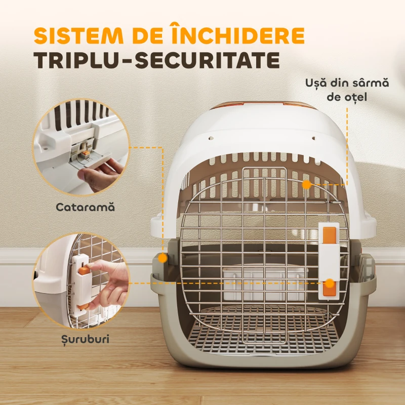 Transportor PawHut pentru Pisici și Câini Mici din Plastic, cu Fereastră Superioară, Ușă din Oțel, Bol pentru Hrană, pentru Animale max 4 kg, 49x32x31 cm, Gri