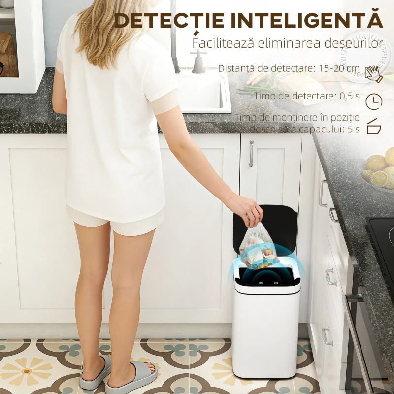 HOMCOM Coș de Gunoi de 13L cu Senzor, din Oțel și PP, 24x24x41 cm, Alb