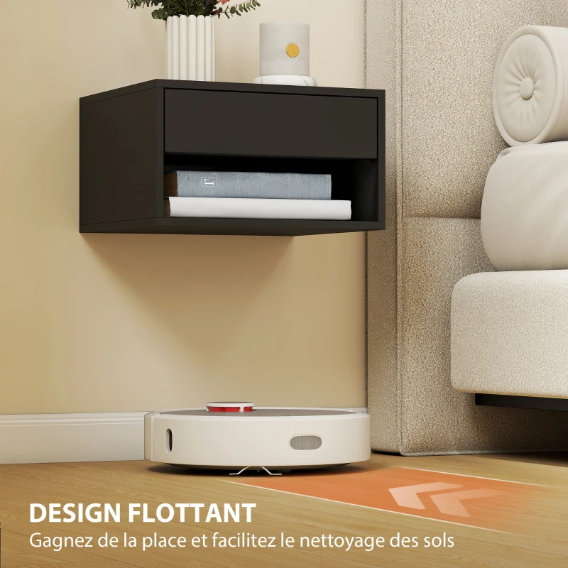 HOMCOM Lot de 2 tables de chevet murales, tables de nuit, tiroir, compartiment ouvert, plateau, 37 x 32 x 21 cm, noir