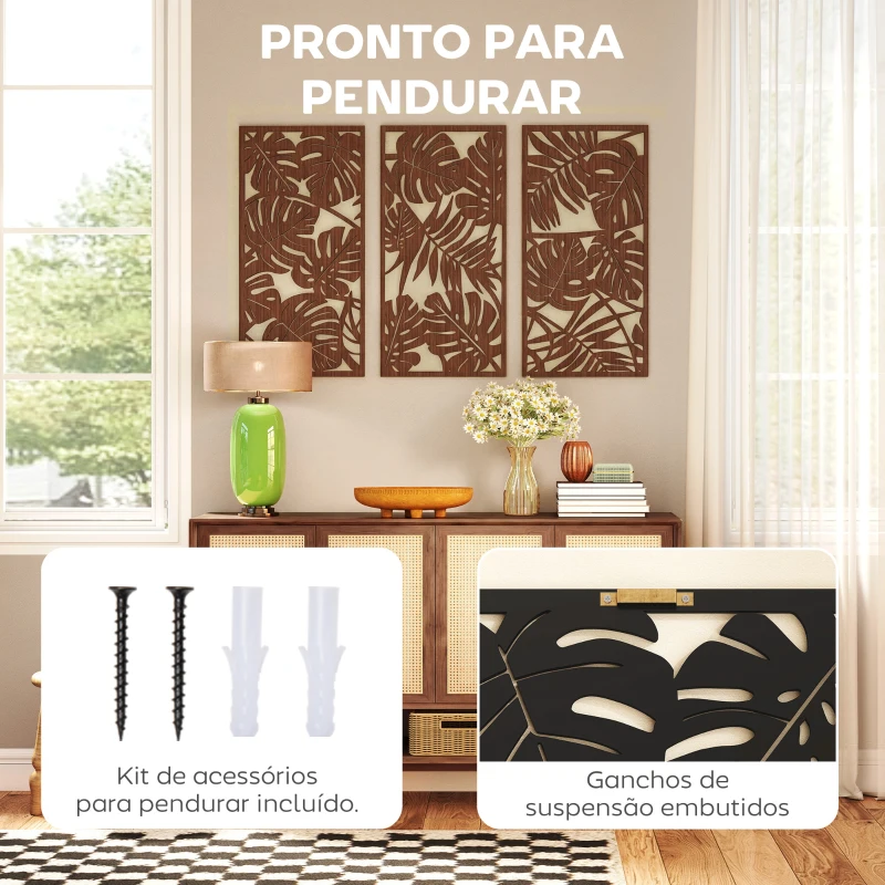 HOMCOM Decoração de Parede em Madeira 3D 3 Peças 40x80 cm Adornos de Parede com Padrão de Folhas Tropicais Nogueira