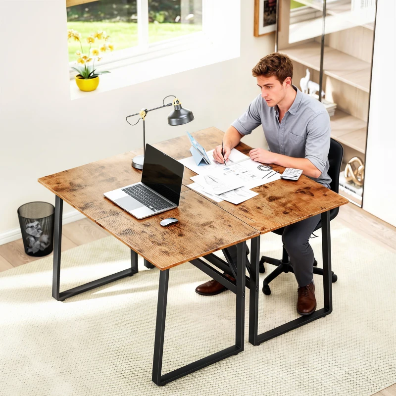 HOMCOM Birou pentru Computer, 120x60x76 cm Birou Lungu cu Colțuri Rotunjite și Structură din Oțel, Masă PC Industrială, pentru Casă, Studiu, Dormitor, Birou, Maro Rustic