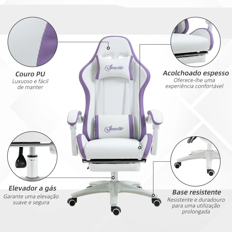 Vinsetto Cadeira Gaming de Couro PU com Altura Ajustável Reclinável 135° e Apoio para os Pés Retrátil 65x65x121-129 cm Branco e Roxo