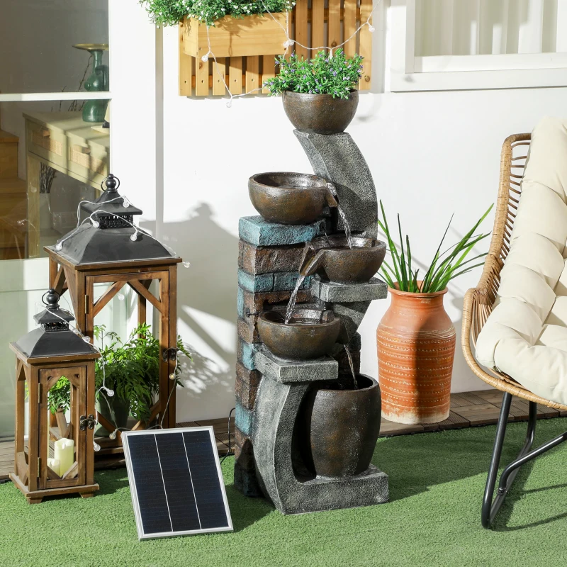Outsunny Fontaine d'eau extérieure 5 niveaux fontaine de jardin lumières LED panneau solaire pompe en résine gris et marron