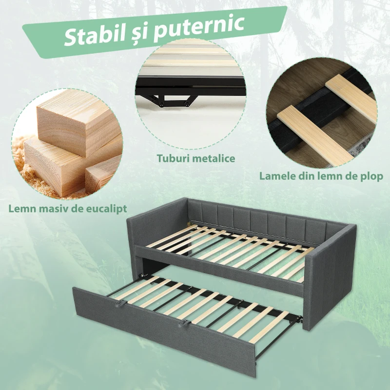 HOMCOM Cadru Pat de O Persoană 90x190 cm, Canapea cu Al Doilea Pat Extensibil, Tăblie Căptușită, Cotiere, Șipci de Lemn de Plop, pentru Cameră, Sufragerie, Gri Închis