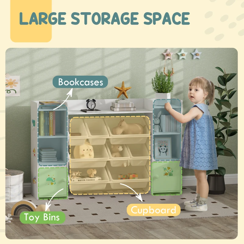 AIYAPLAY Kids Toy Organizers and Storage with 8 Removable Storage Bins and Bookshelf, White