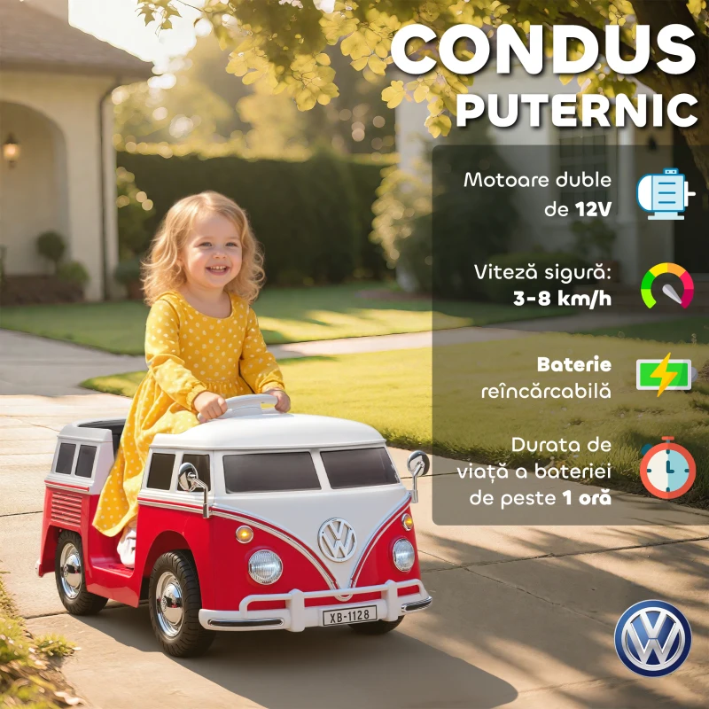 AIYAPLAY Mașinuță Electrică pentru Copii Licență Volkswagen T1 cu MP3 Player, din Metal și PP, 89x49x41.5 cm, Roșu