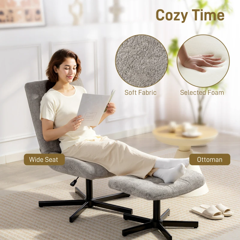 HOMCOM Scaun reclinabil pe 4 niveluri cu otoman separat în efect de catifea, 66x80x93-104 cm, Gri