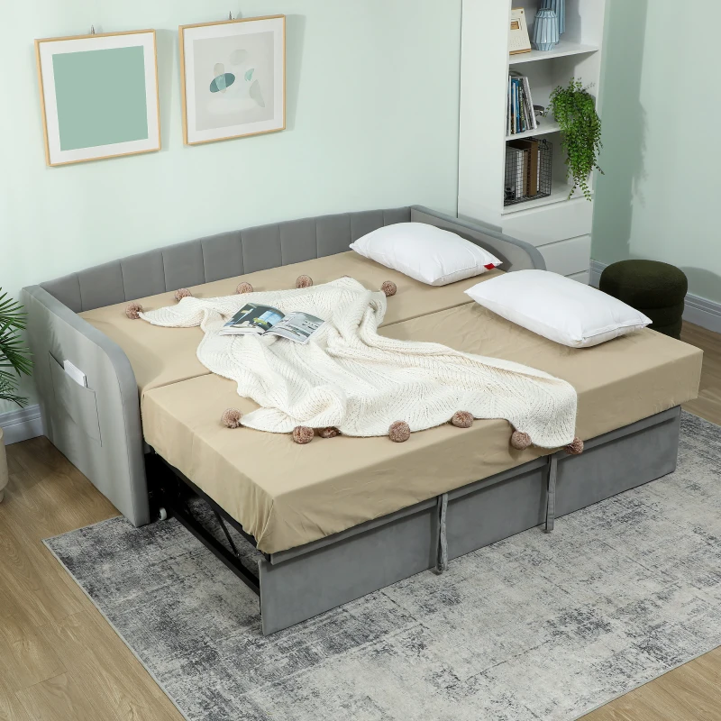 HOMCOM Cadru Pat 90/180x190 cm, Canapea Pat Extensibilă Convertibilă în Pat Dublu, Tapițerie, Cotiere, 2 Buzunare, Șipci din Plop, pentru Cameră de Zi sau Oaspeți, Gri Deschis