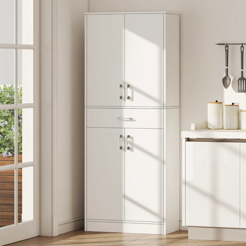 HOMCOM Buffet haut armoire de cuisine 4 portes 2 placards et 1 tiroir central hauteur 180 cm avec 2 étagères réglables blanc