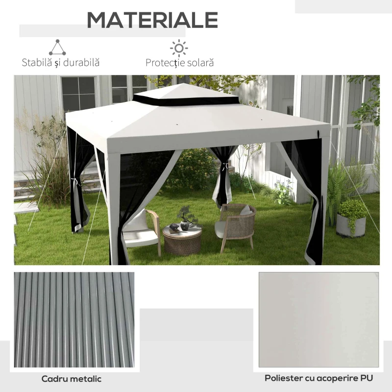 Outsunny Foisor de Gradina cu Plasa de Tantari, Foisor 3x3 m cu Acoperis Dublu si Cadru din Metal, Bej