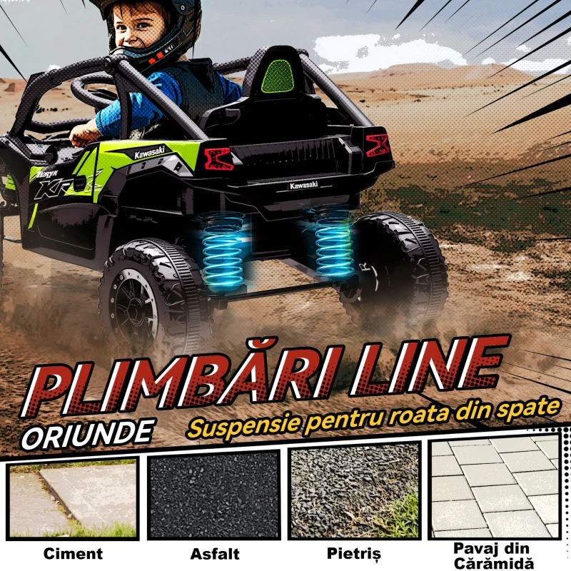 AIYAPLAY ATV Electric pentru Copii 3-5 Ani 12V cu Licență KAWASAKI, Dublu Motor, Telecomandă și Muzică, Negru