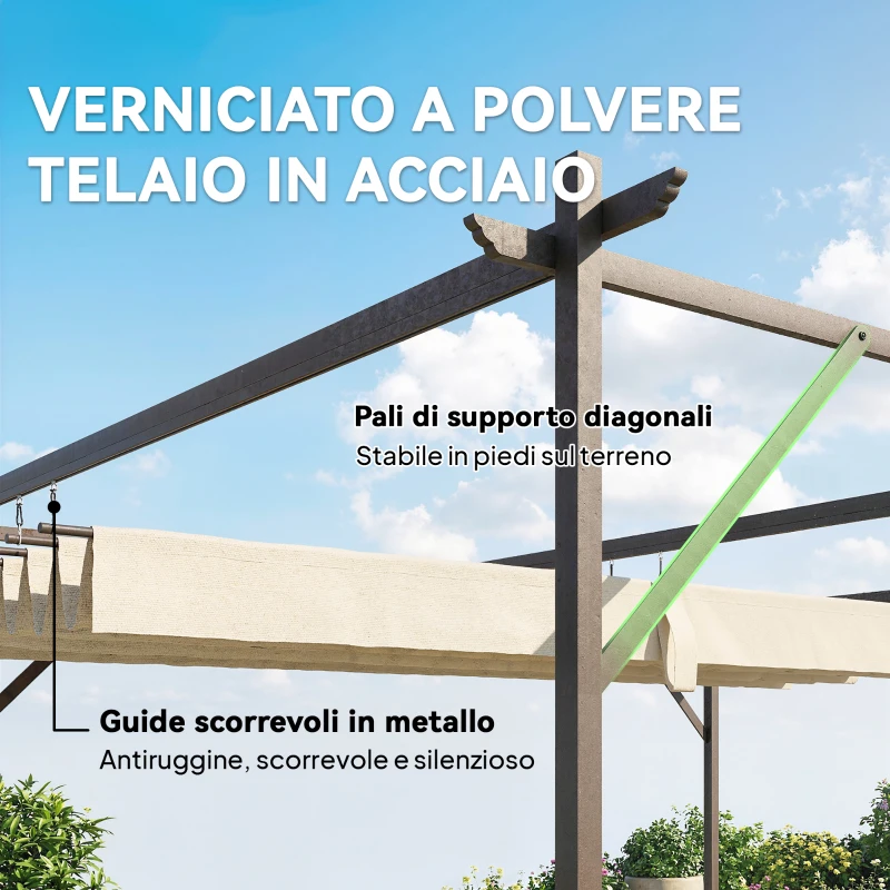 Outsunny Gazebo Pergola Addossata 3x3 m con Tetto Scorrevole e Fori di Drenaggio, Crema