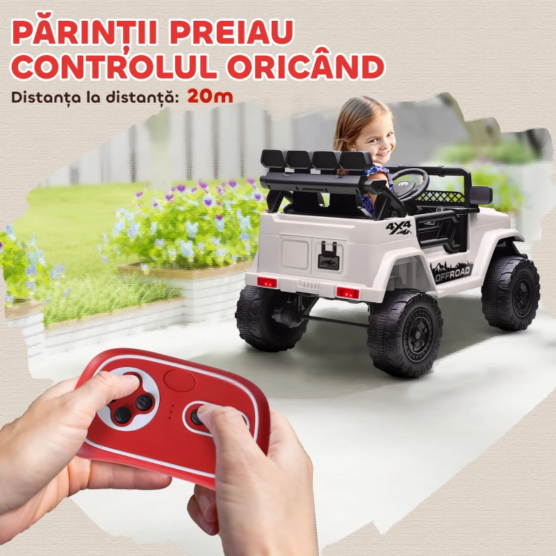AIYAPLAY Off-road pentru Copii cu Faruri, Claxon, Centură și Telecomandă, în PP și Metal, 99x66x68.5 cm, Alb