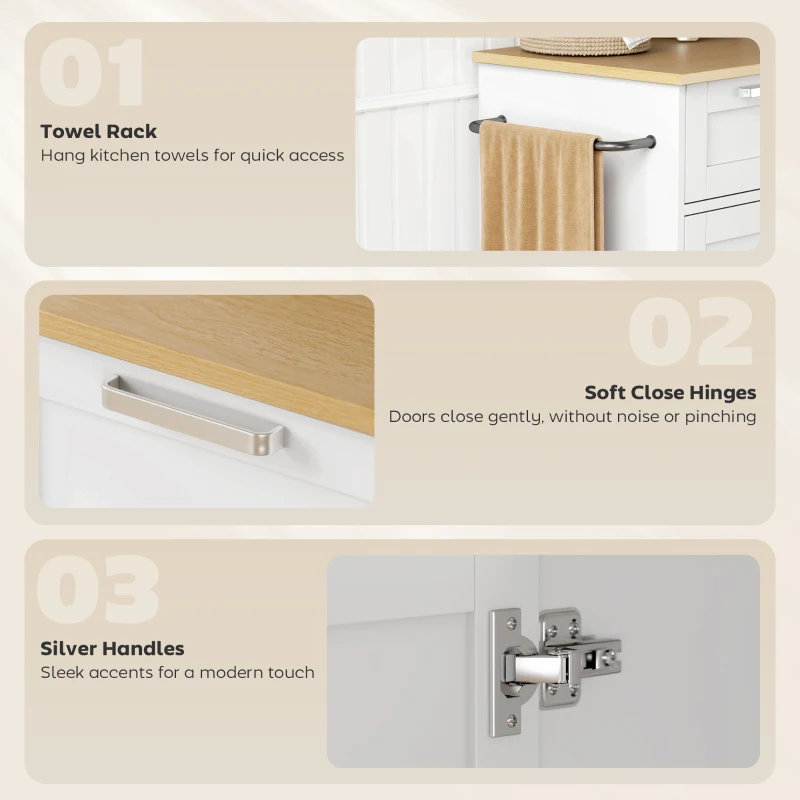 HOMCOM Cărucior de Bucătărie cu Sertar, Dulap și 3 Suporturi pentru Condimente, din Lemn, 62x40x87 cm, Alb