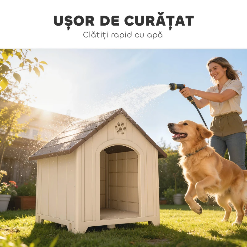 PawHut Căsuță pentru Câini de Exterior, Talie Medie și Mare, Căsuță din Plastic Impermeabilă cu Bază Ridicată, Ferestre și Acoperiș Înclinat pentru Grădină, Balcon, Terasă, 88x78x89 cm, Bej