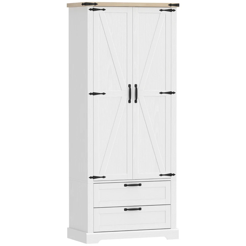HOMCOM Hochschrank Küche, Küchenschrank mit 2 Türen, 2 Schubladen, höhenverstellbaren Einlegeböden, rustikaler Stil, 76x40x180cm, weiß