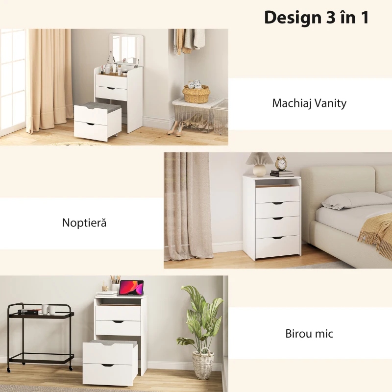 HOMCOM Masă de Machiaj 3 în 1 cu Oglindă, Compartiment, 2 Sertare și Scaun, din Lemn, 50x40x78 cm, Alb