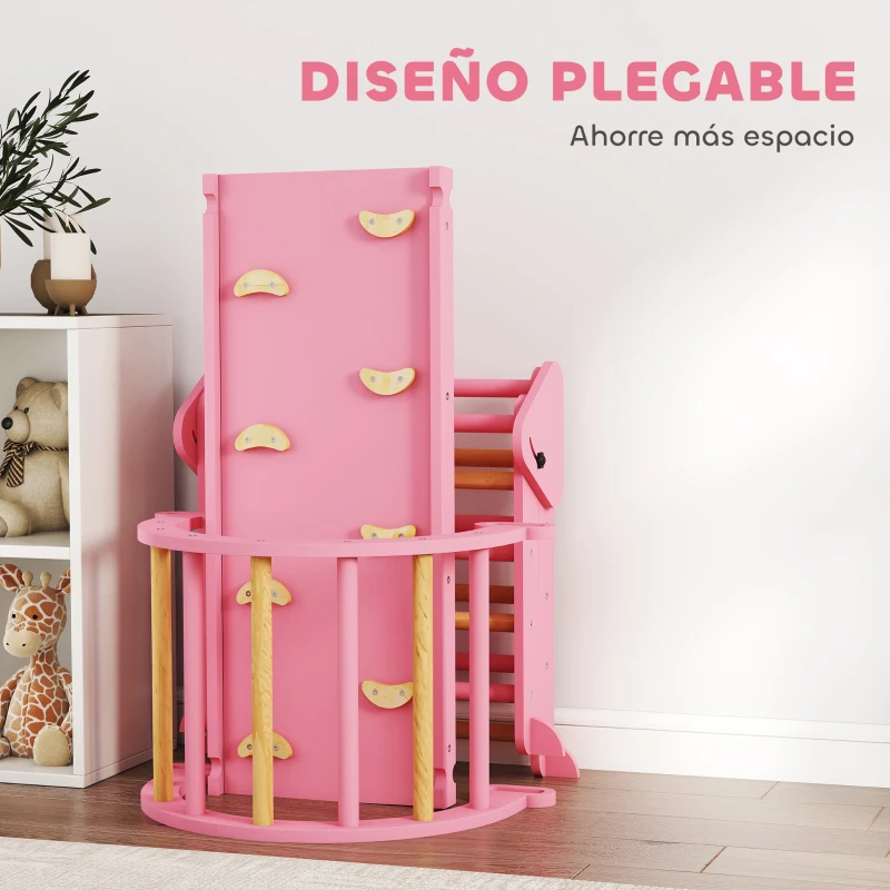 AIYAPLAY 7 en 1 Triángulo de Escalada Montessori de Madera Plegable con Arco y Rampa para Niños de 18-48 Meses 188x70 cm Rosa