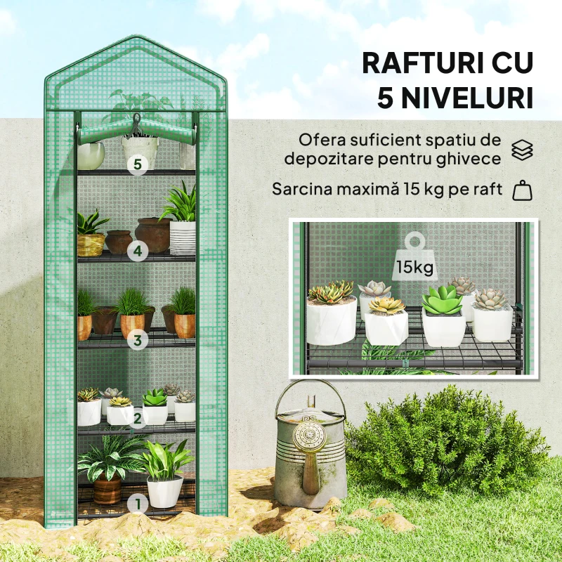 Outsunny Seră de grădină balcon etajere seră 5 niveluri 0,69 x 0,49 x 1,93 m oțel folie rulabilă PE verde