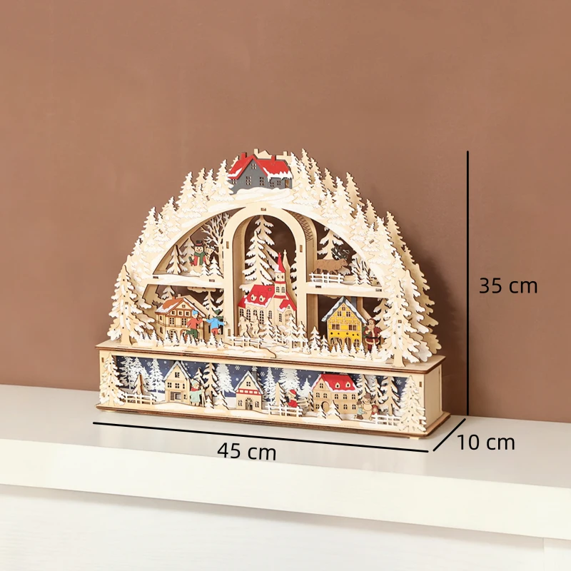 HOMCOM Village de Noël lumineux avec 20 LED, village de Noël animé en arc, fonctionne sur piles, 45 x 10 x 35 cm, bois naturel