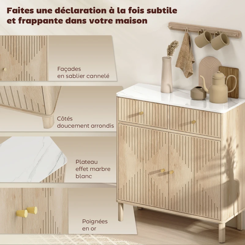 HOMCOM Buffet, meuble de rangement cannelé avec plateau effet marbre, 2 tiroirs, 2 portes, étagère réglable, 77x30x80cm, chêne(m-4)