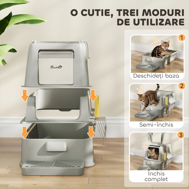 PawHut Litieră închisă pentru pisici de 80L cu tavă detașabilă, din ABS și oțel inoxidabil, 63x43x43 cm, gri deschis