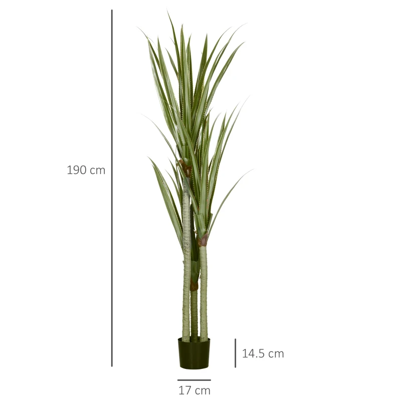HOMCOM Yucca Artificială 190cm Plantă Artificială cu 39 Frunze Decorațiune pentru Casă Living Birou Grădină Ø17x190 cm Verde