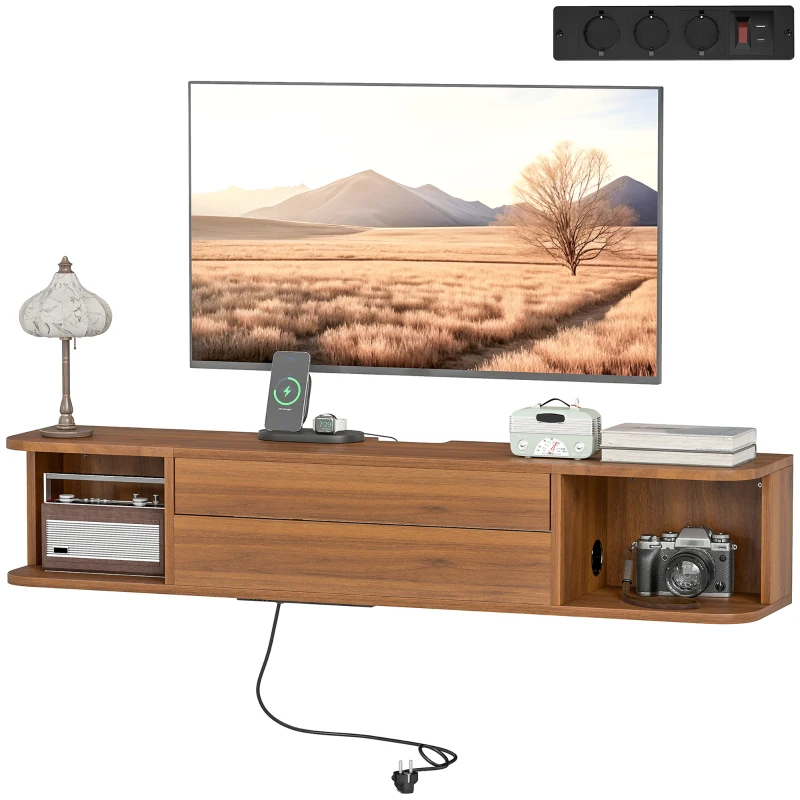 HOMCOM Suport TV suspendat până la 50" cu prize de curent, USB și tip C, sertar și rafturi, 120x24x22.4 cm, Nuc