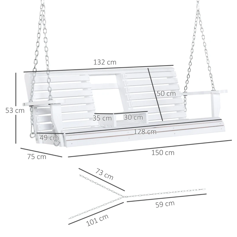 Outsunny Dondolo 3 Posti da Esterno con Tavolino Centrale e Portabicchieri, in Legno e Metallo, 150x75x53 cm, Bianco