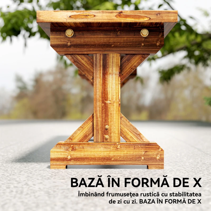 Outsunny Bancă de Grădină cu 2 Locuri din Lemn de Brad cu Bază în Formă de X, Bancă Rustică pentru Exterior Fără Spătar, pentru Patio, Verandă, Balcon, 114L x 40l x 46h cm, Finisaj Carbonizat