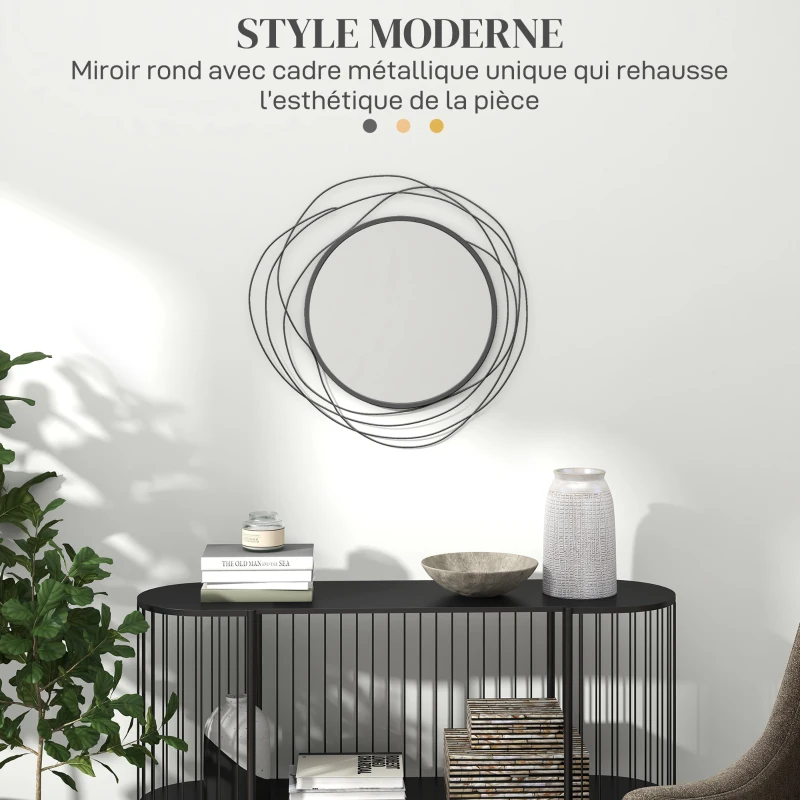 HOMCOM Miroir rond en métal filaire noir, décoration style moderne, diamètre Φ65 cm