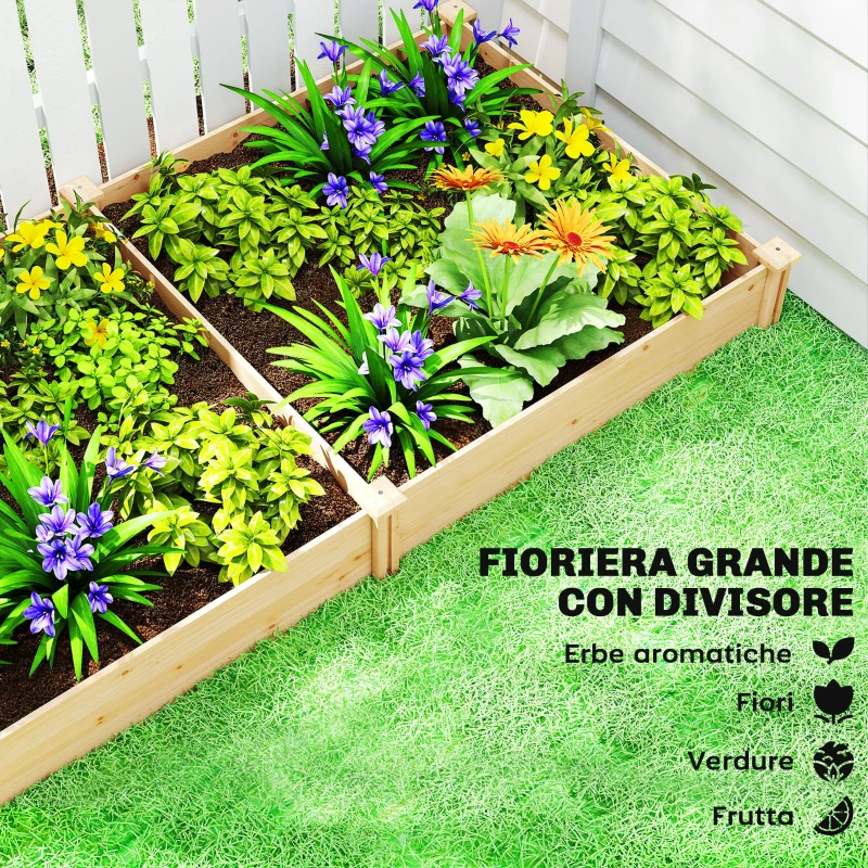 Outsunny Orto in Cassetta con Divisorio Centrale e Fondo Aperto, in Legno di Abete, 235x121x26 cm, color Legno