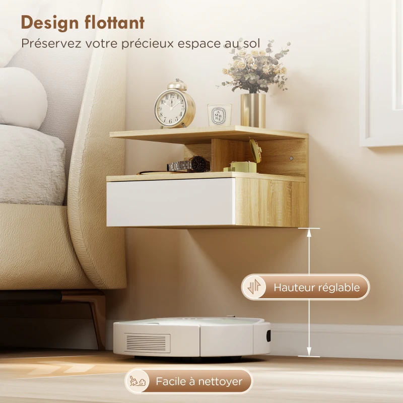 HOMCOM Lot de 2 tables de chevet murales, tables de nuit suspendues avec tiroir, étagère ouverte, 35x32x22,5cm, blanc et chêne
