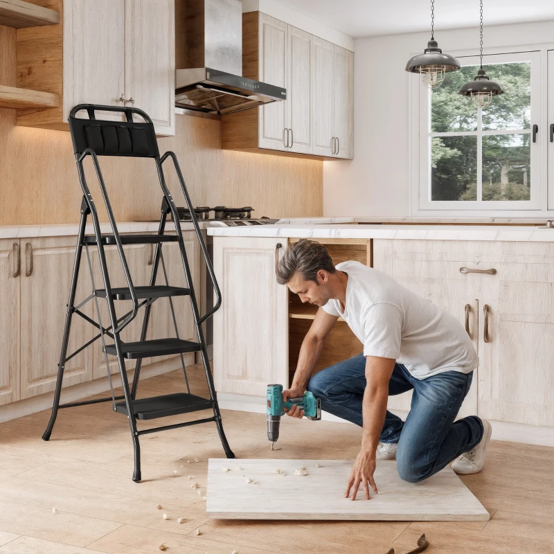 HOMCOM Escada Dobrável com 4 Degraus Apoio para os Braços e Suporte para Ferramentas 50x83x157,5 cm Preto