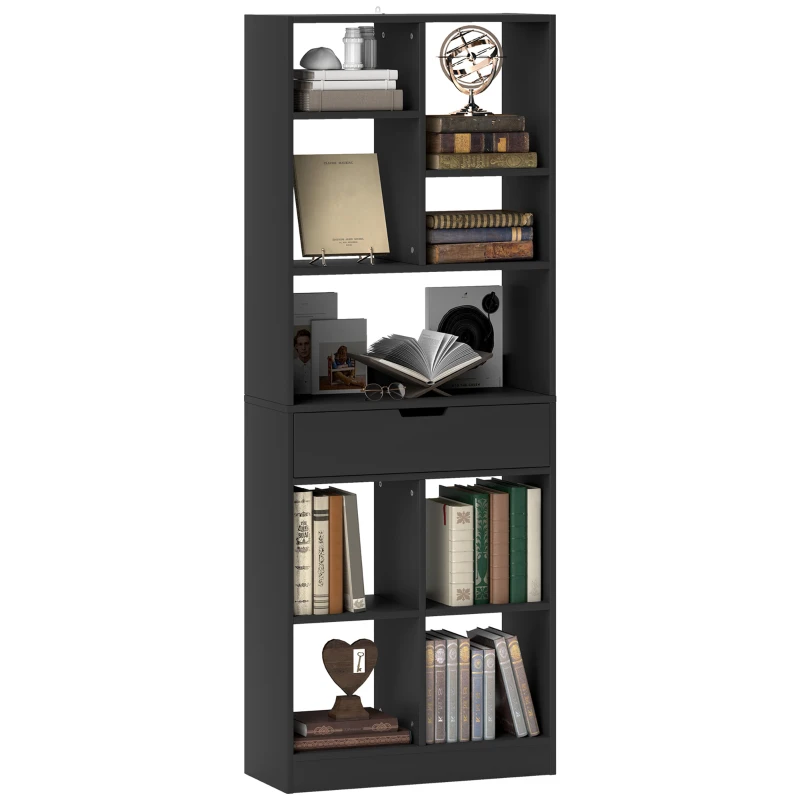 HOMCOM Bibliotecă Modernă din Lemn cu Sertar Central și Kit Antirăsturnare, 60x26x158 cm, Negru