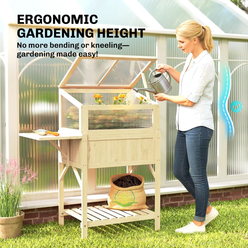 Outsunny Podwyższona grządka z nasadką szklarniową z drewna Skrzynka do sadzenia ze szklarnią składana boczna półka dolna półka Drewno naturalne