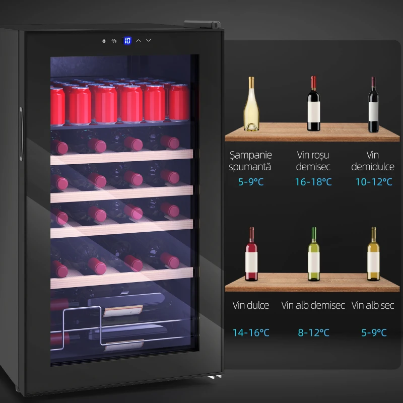 HOMCOM Vitrină Frigorifică pentru Vinuri 16 Sticle 63L Silențioasă Temperatură Reglabilă 5-18℃ Frigider Vinuri Bar cu Sticlă Anti UV, Rafturi, Compresor, Display Touch, Lumini LED, Clasa G