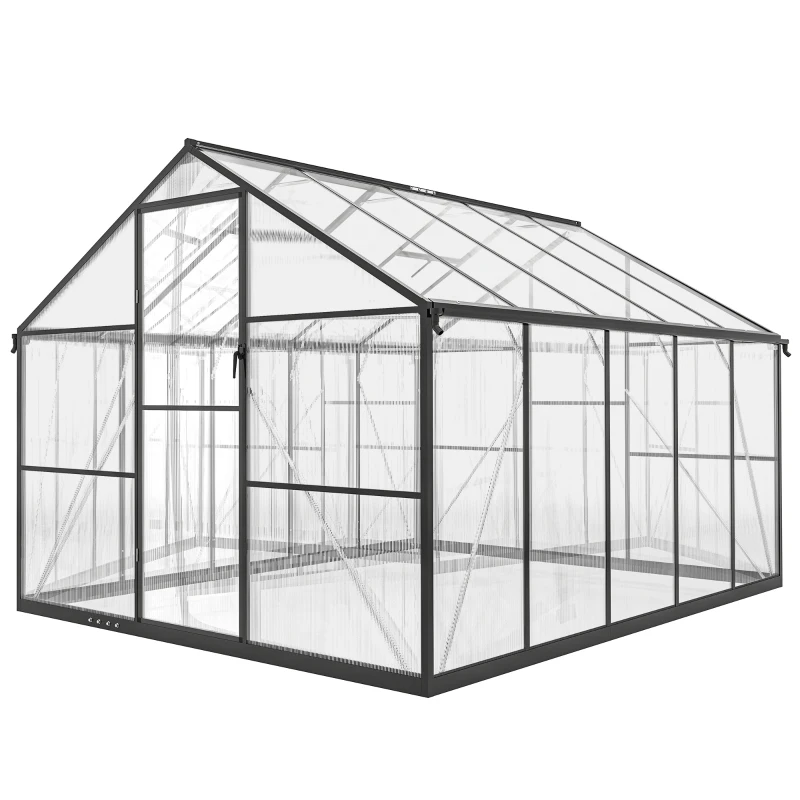 Outsunny Seră de Grădină din Policarbonat cu Cadru din Aluminiu 7.5㎡, Seră pentru Grădină cu Jgheaburi, 2 Ferestre Superioare Reglabile, Ușă cu Balamale, Anti-UV, 304x247x205 cm, Negru
