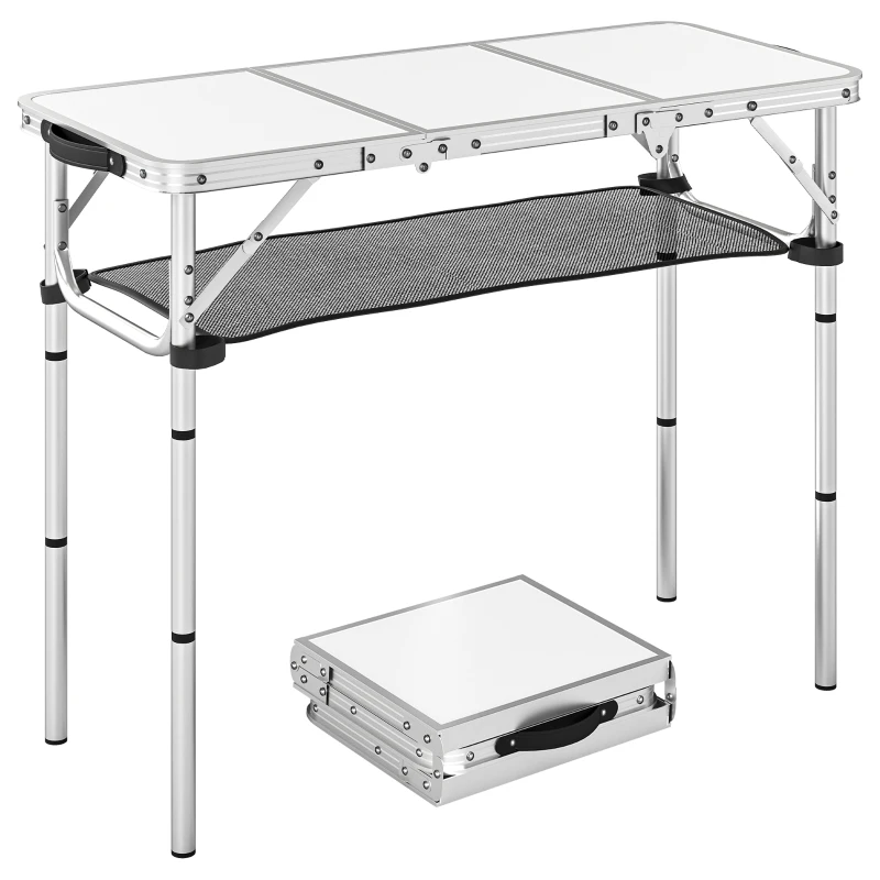 Outsunny 3ft Folding Camping Table, Picnic Table with Mesh Storage Layer, Carrying Bag and Metal Frame, Cream White