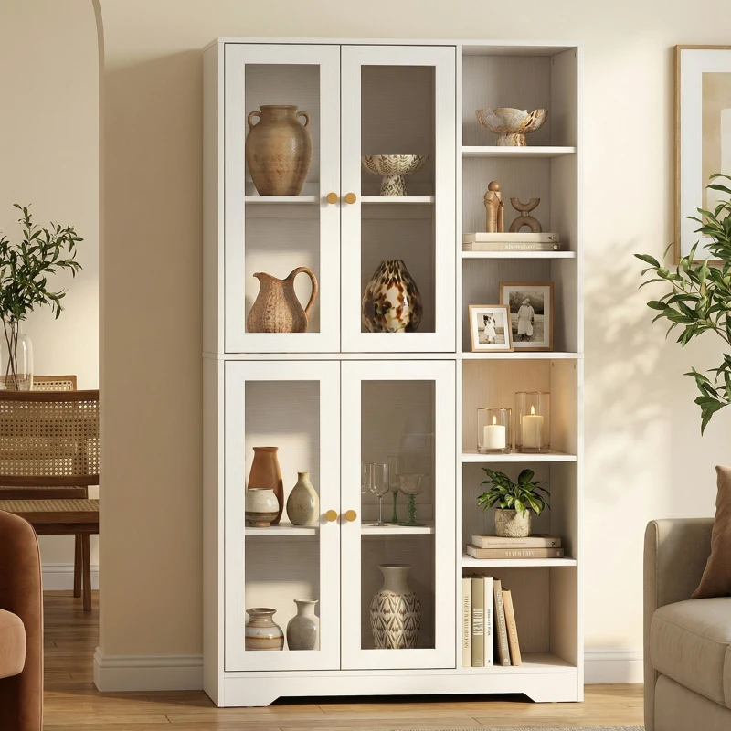 HOMCOM Multi-Storage Kitchen Cabinet, with Glass Doors - White Wood-Effect