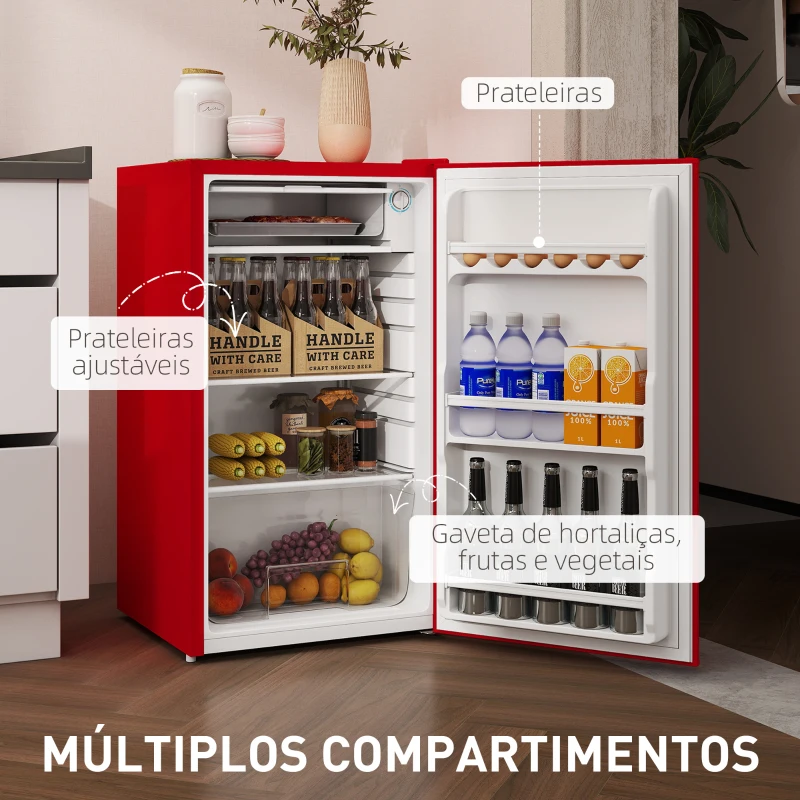 HOMCOM Mini Frigorífico 91L de Capacidade com Prateleira Ajustável Compartimento Congelador Silencioso 41dB 47,5x44,2x84 cm Vermelho